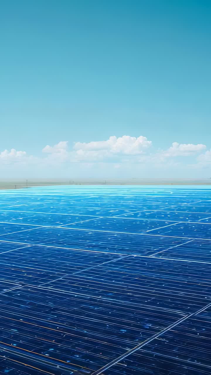 Vertical video: Shifting camera revealing ground solar panels on flat plain, to show sunny glints