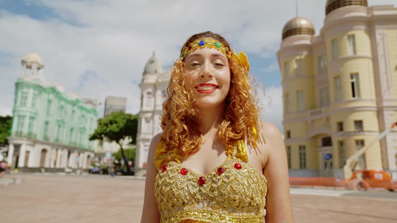 Portrait of Frevo dancer at the street carnival in Recife, Pernambuco, Brazil.