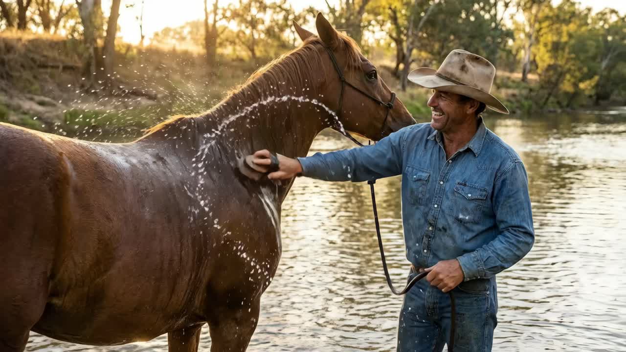 Cowboy strigler hest i floden
