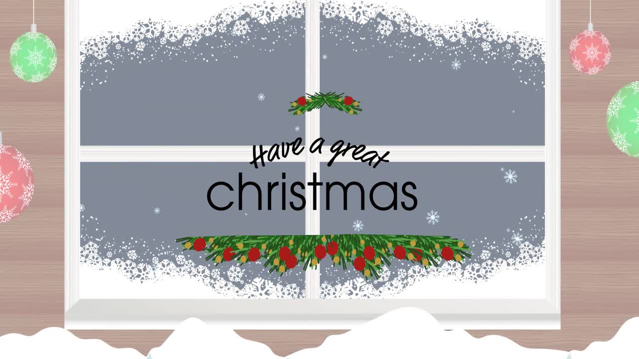 겨울 눈이 내린 창문 위에 훌륭한 크리스마스 텍스트를 가지고 애니메이션