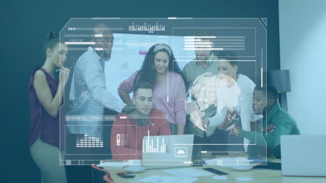 collaborating in office, diverse team using laptop with digital animation overlay
