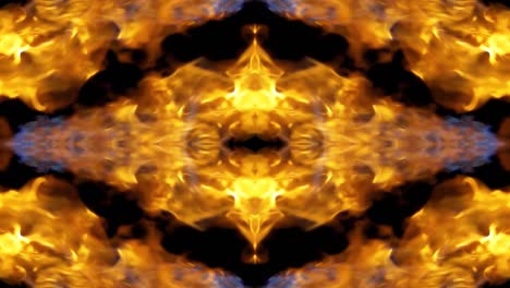 video crudo en cámara lenta de 4k de fuego, explosión, estallido de fuego, chorro de corriente de fuego aislado en un fondo negro. con reflejo y efecto espejo como en un caleidoscopio. hermoso patrón de espejo de fuego.