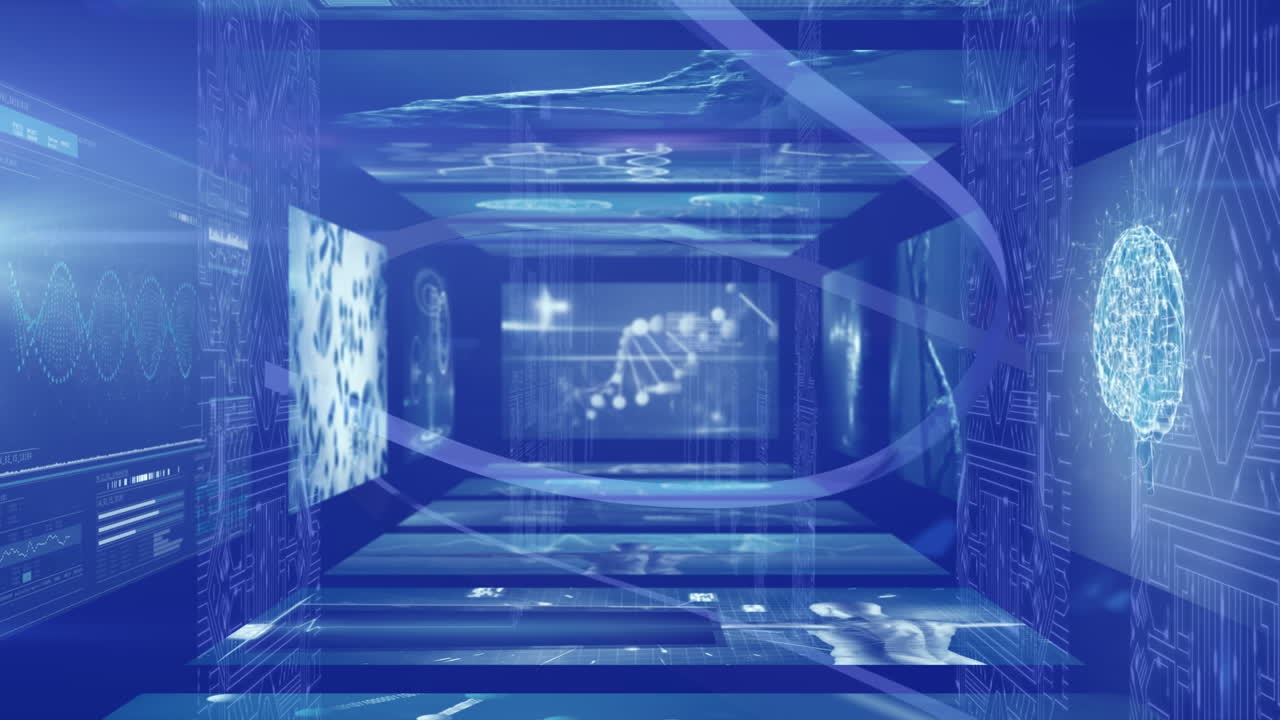 다중 인터페이스 화면에서 dna 스트랜드의 애니메이션과 데이터 처리를