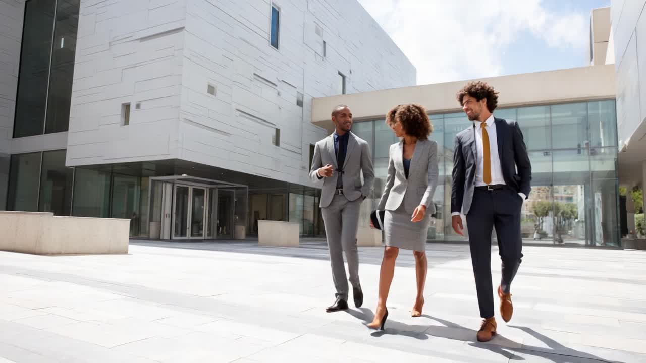 Professional Team Walking Confidently in Business Attire Outside Modern Office Building Representing Collaboration and Leadership