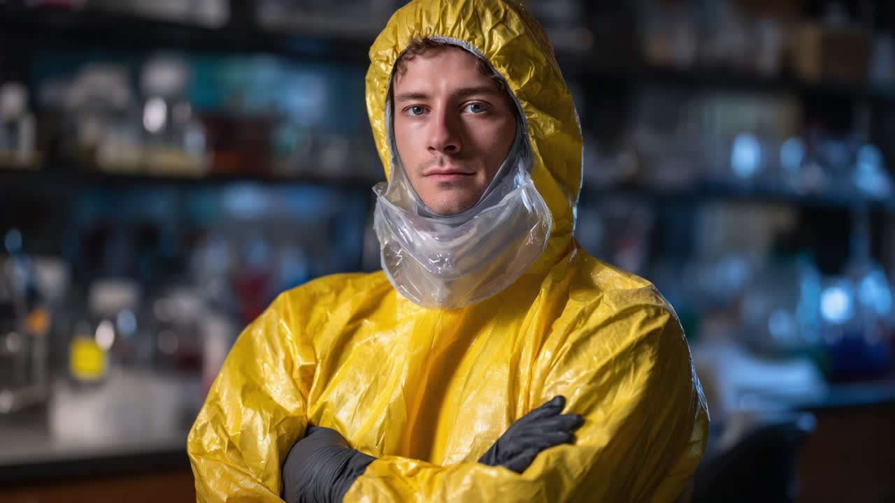 Um(a) cientista determinado(a) vestindo um traje amarelo de proteção, demonstrando profissionalismo em um laboratório cheio de equipamentos científicos e materiais de pesquisa, personifica a segurança