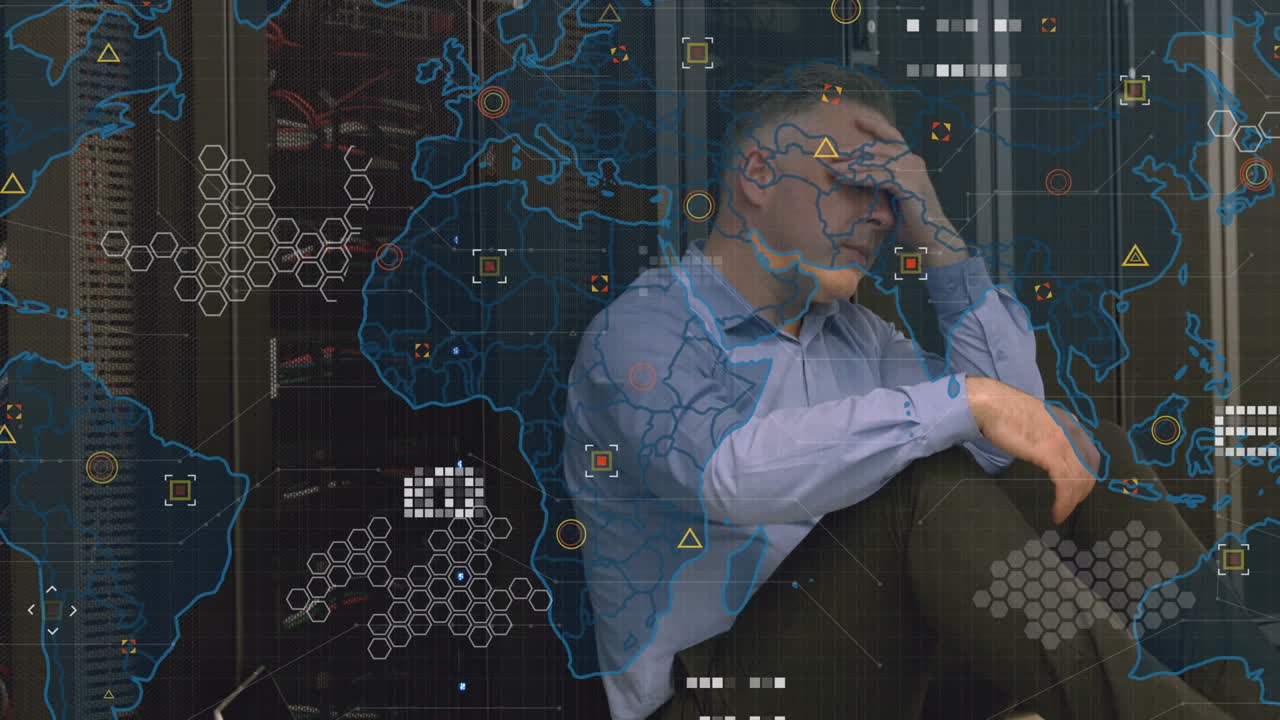 Animation of world map over caucasian businessman in server room