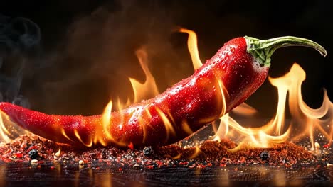 a vibrant red chili pepper engulfed in flames, symbolizing intense heat and spice