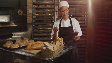 animation of asina female worker using tablet and counting breads