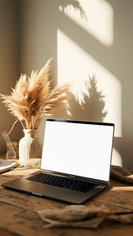 laptop on wooden desk with pampas grass and natural light