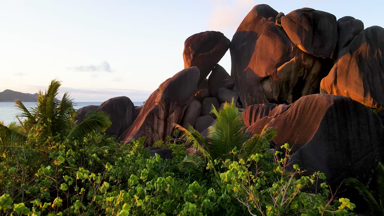 Seychelles La Digue Sunset Beach Rocks Aerial Drone13.mp4