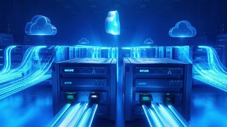 Data Center Servers with Glowing Digital Information Streams