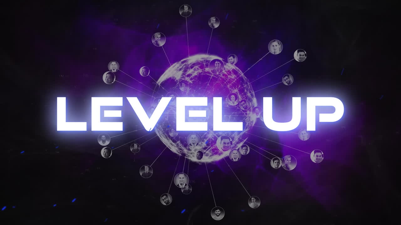 animación de banner de texto de nivel de neón contra los iconos del perfil de la empresa sobre el globo giratorio