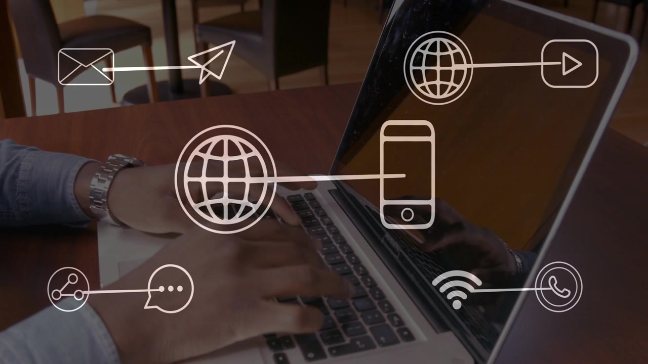 Placing hands man with cuffed sleeve typing at cafe table, emailing with laptop watch overlay icons