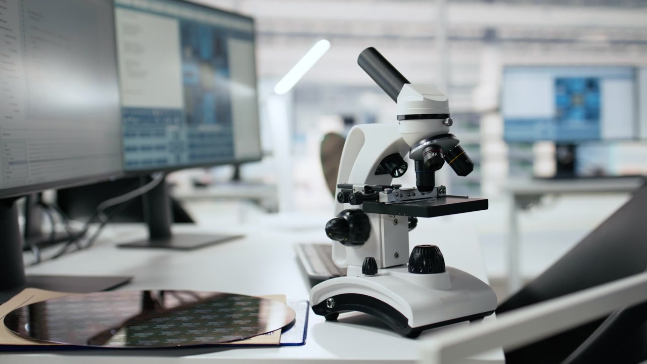 Microscope and Silicon Wafer on Desk in Modern Laboratory