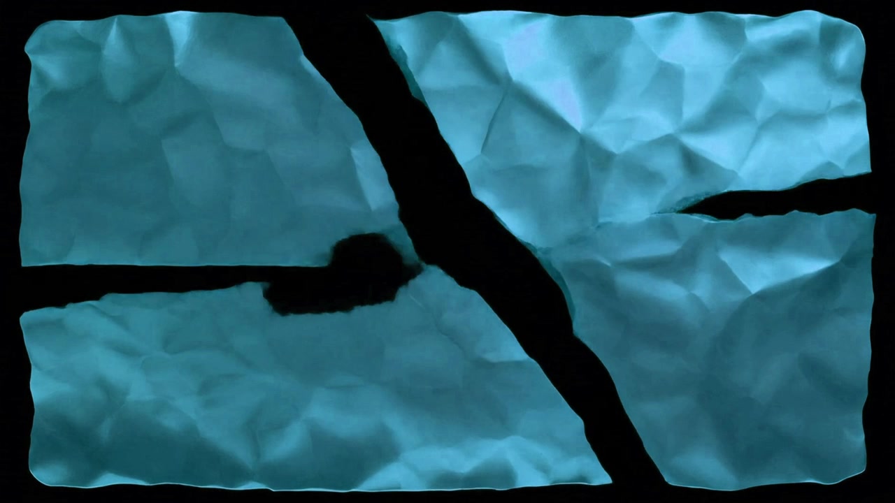 Blue Crumpled Paper Sheet Tearing into Four Pieces
