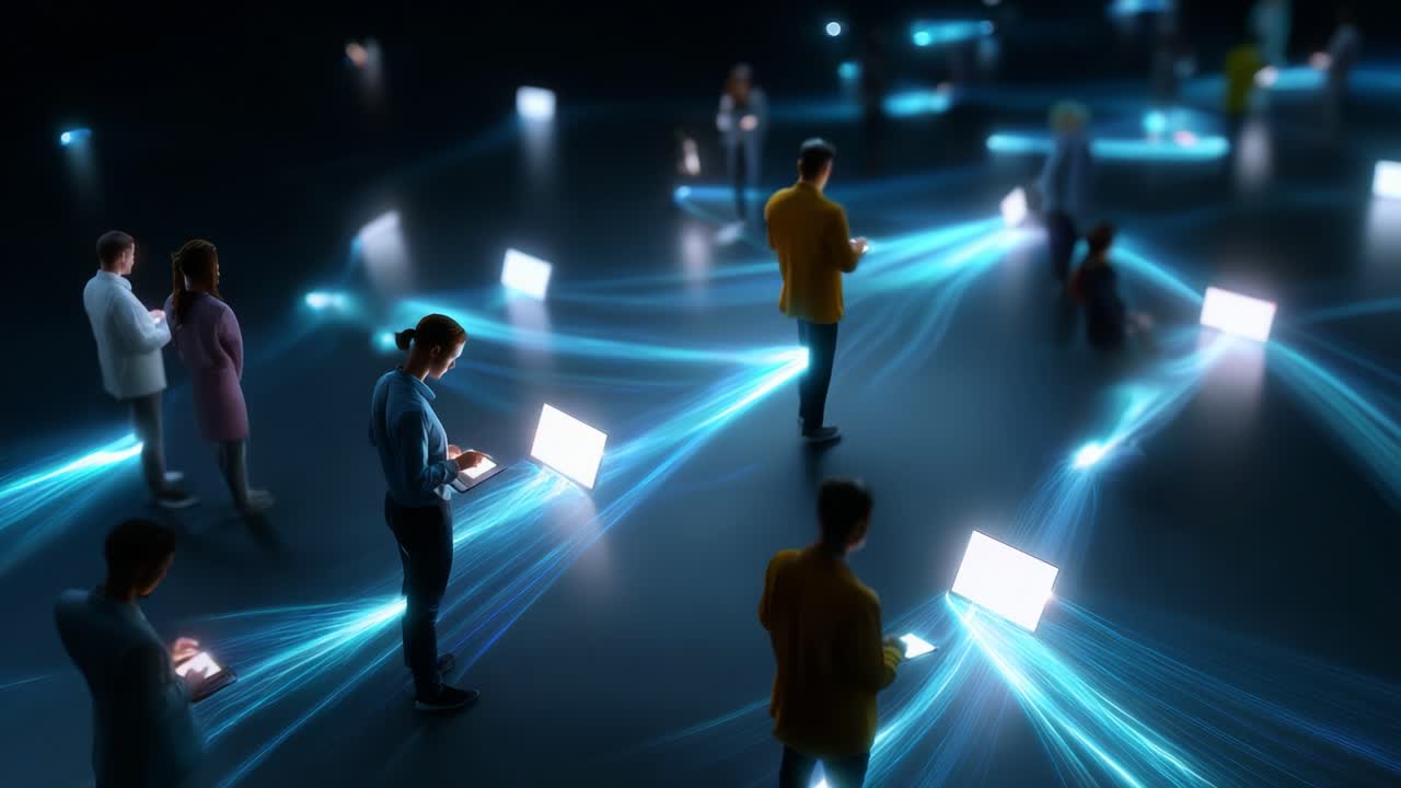 A dynamic scene showcasing individuals engaged with digital devices, illuminated by glowing blue light trails in a modern, technology-driven environment that emphasizes connectivity and interaction