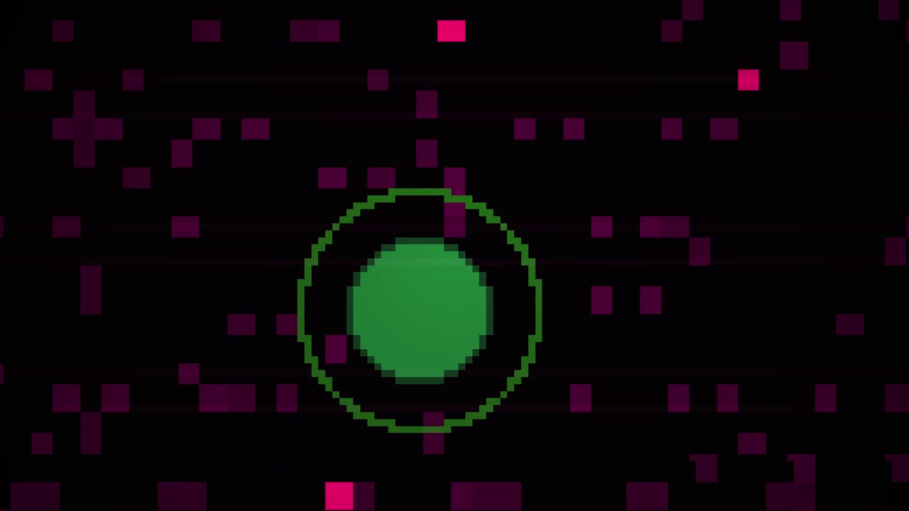 Animazione in Pixel Art Retrò a 8 Bit con Cerchio Verde e Quadrati Rosa Glitchati