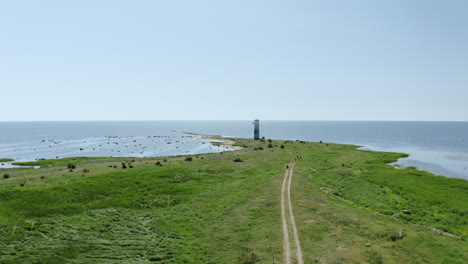 Cinematic-shot-of-people-walking-towards-a-white-Lighthouse-on-a-peninsula