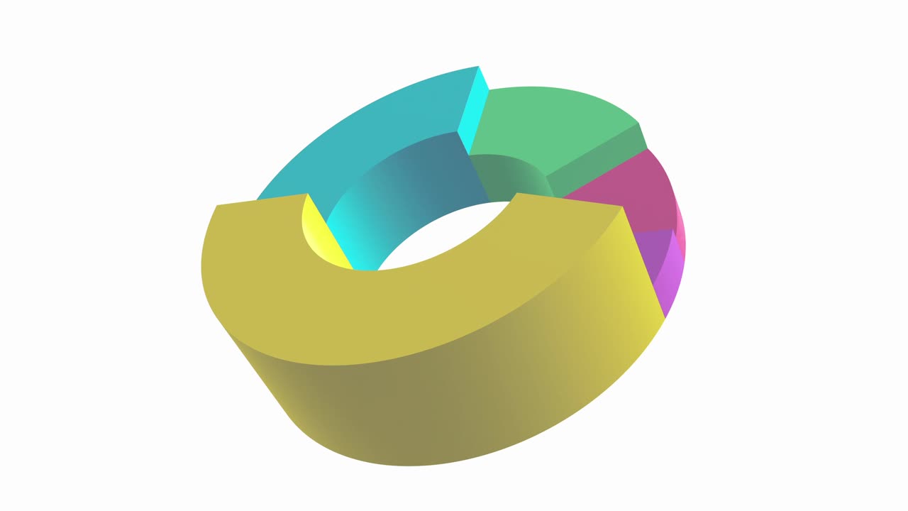 An animated 3D looping donut chart with independently expanding and contracting segments. Ideal for dynamic data visualization, business presentations, and infographics. Modern, clean, and vibrant