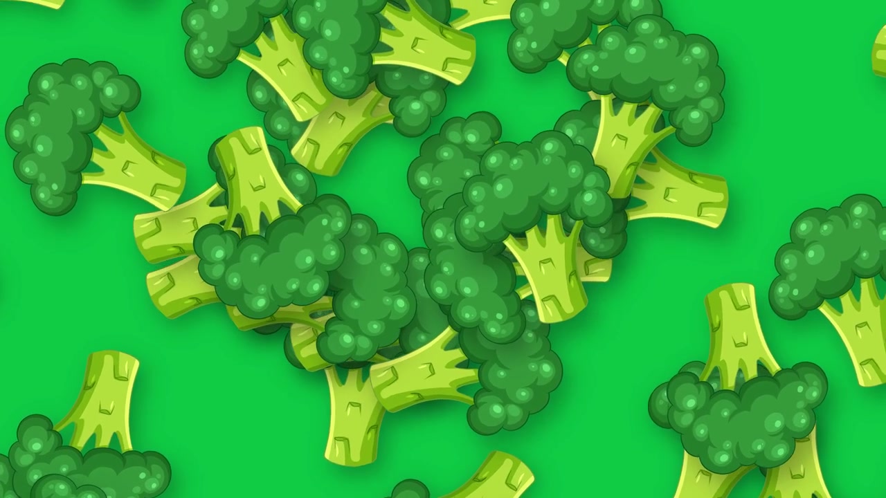Cimette di broccoli stilizzate cadono continuamente su uno sfondo verde vibrante in un loop continuo