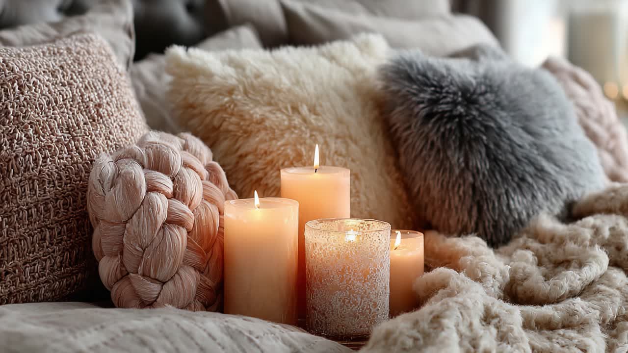 Un espace de vie chaleureux et confortable, avec des textiles doux et des bougies vacillantes, offrant une ambiance chaleureuse et invitante, parfaite pour la détente et les soirées paisibles.