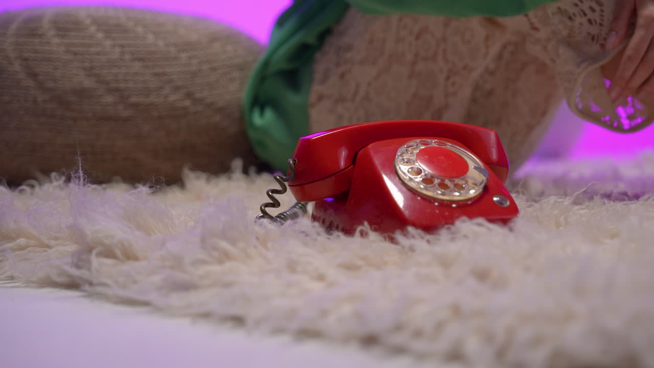 Macro shot of a hand gently lifting the receiver of a red rotary phone resting on a fluffy white rug. The soft lighting and retro aesthetics enhance the nostalgic feel of this vintage-inspired moment