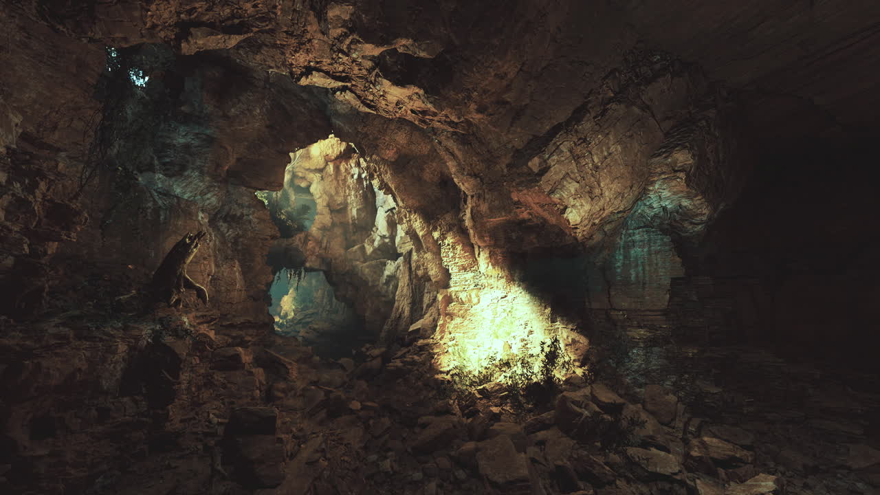 Mysterious cave illuminated by natural light in rocky underground landscape