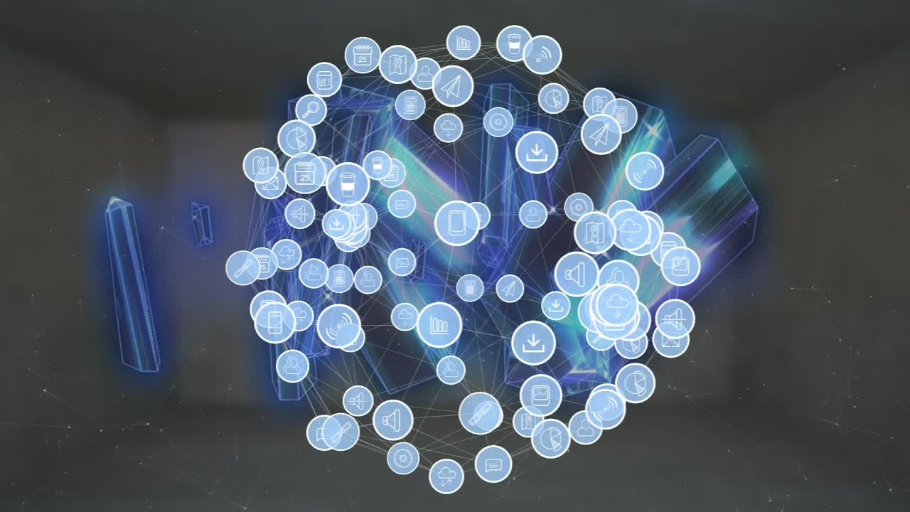 Animation of neon blocks and globe made of technology icons on grey background