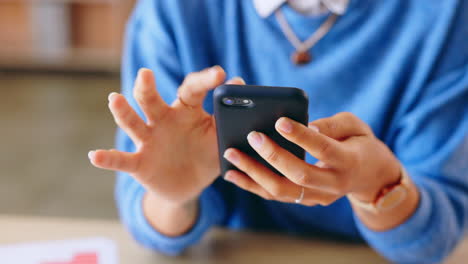 Woman,-hands-and-smartphone-for-typing