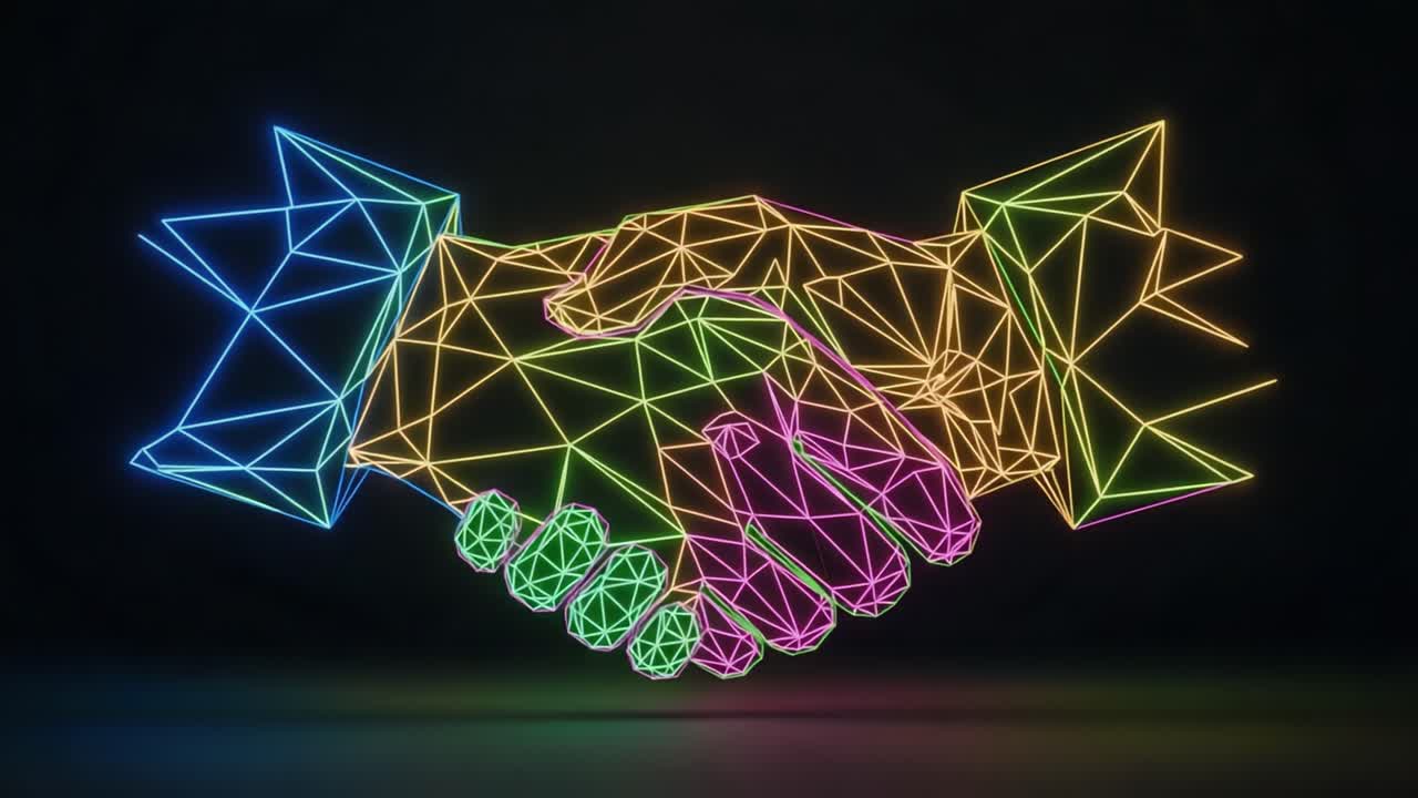 A vibrant and abstract digital representation of a handshake, symbolizing collaboration, agreement, and mutual understanding through a geometric design of colorful lines