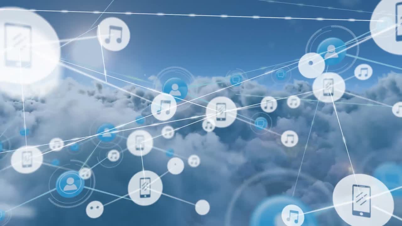 클라우드 상의 디지털 아이콘으로 연결 네트워크의 애니메이션