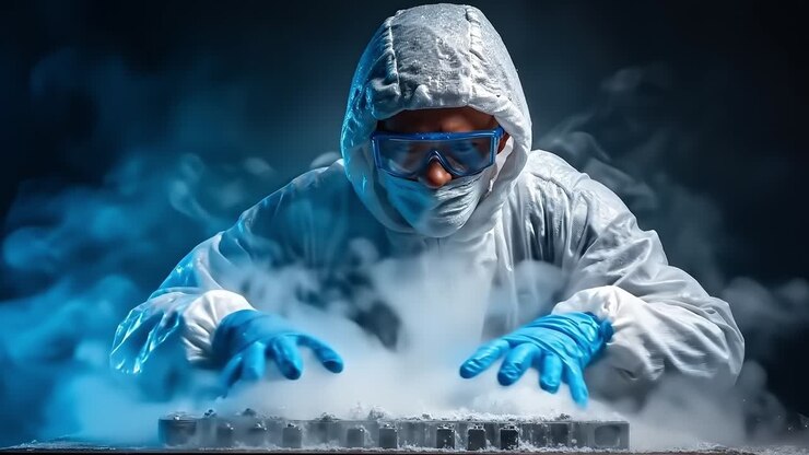 Un uomo in abito bianco e guanti blu che lavora in un laboratorio
