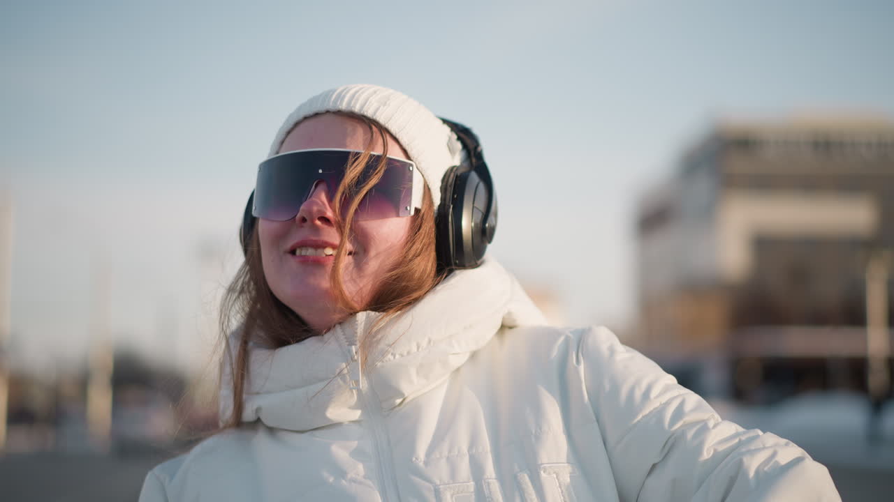 Free spirit smiling joyfully under sunlight while grooving in large headphones and sunglasses, dressed in white winter jacket with soft background blur of cityscape and snowy weather