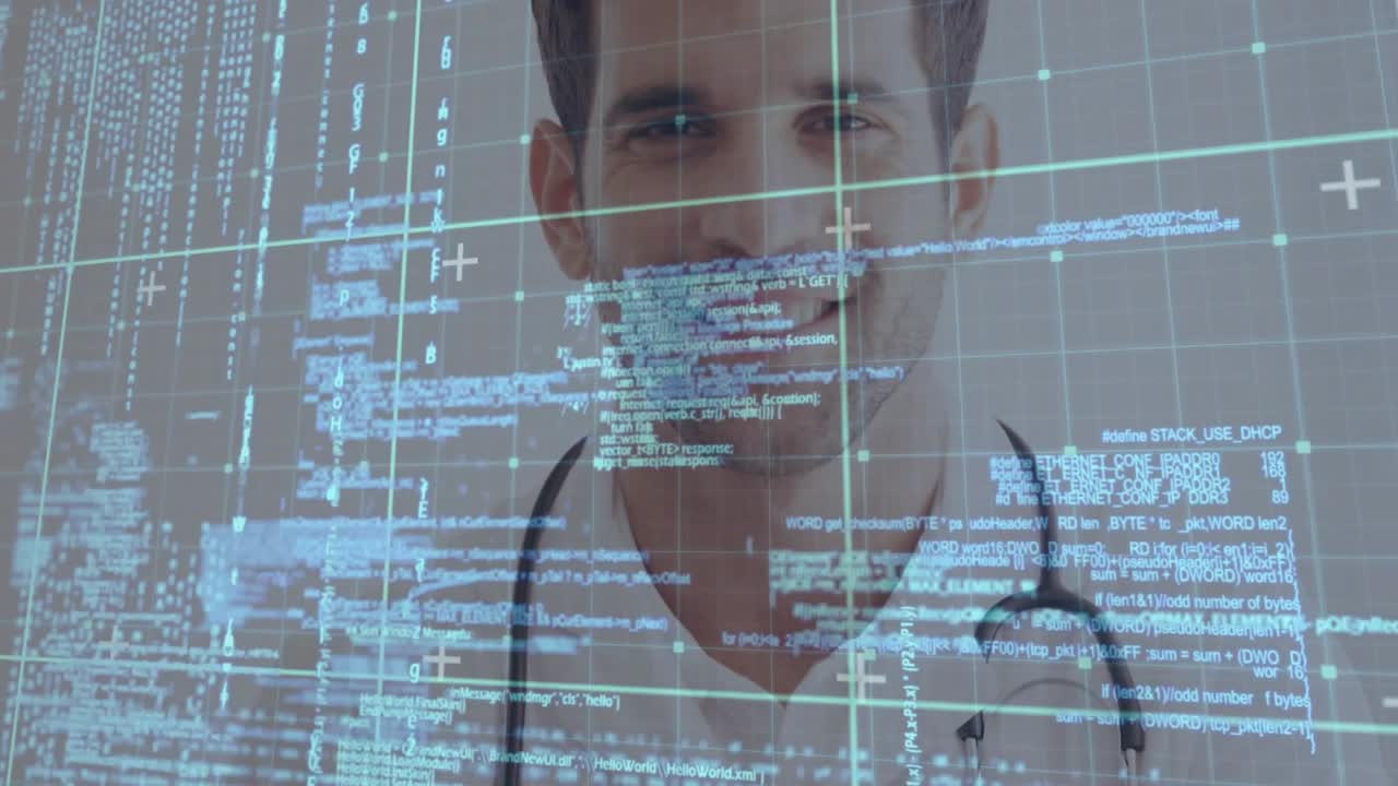 Male MD stepping forward, camera rising, HUD scanning face and highlighting stethoscope for scan