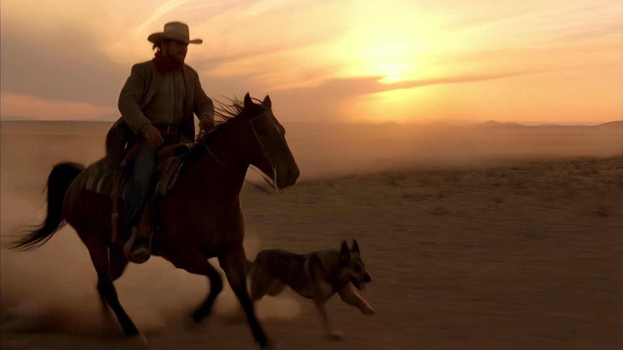 A man riding a horse with a dog in the desert at sunset