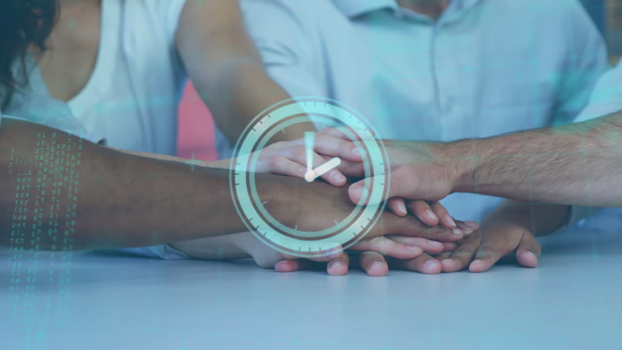 Animation of data processing and clock over diverse business people teaming up