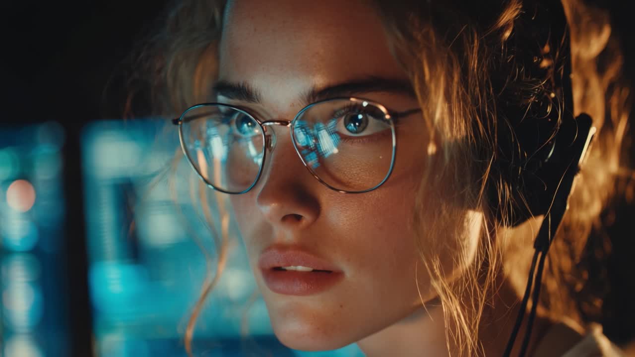 Gamer concentrato intensamente impegnato in una sessione di gioco, mostrando concentrazione e passione per la competizione dietro schermi personalizzati in una stanza buia.