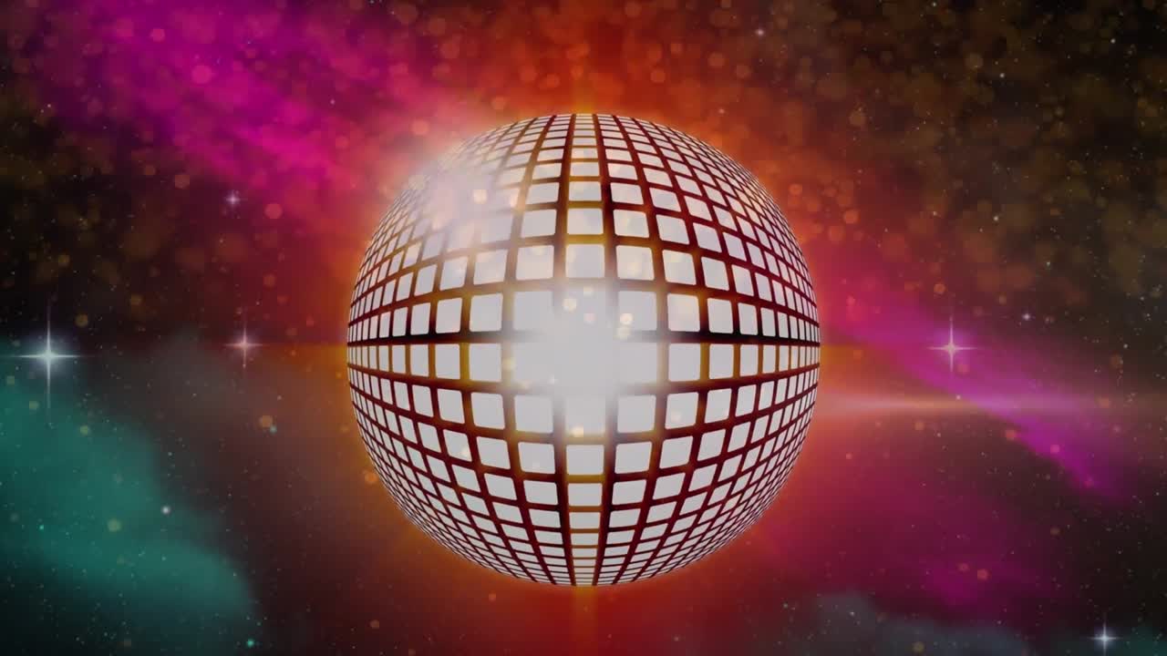 Animazione di punti luce e stelle brillanti su palla da discoteca dorata rotante nello spazio