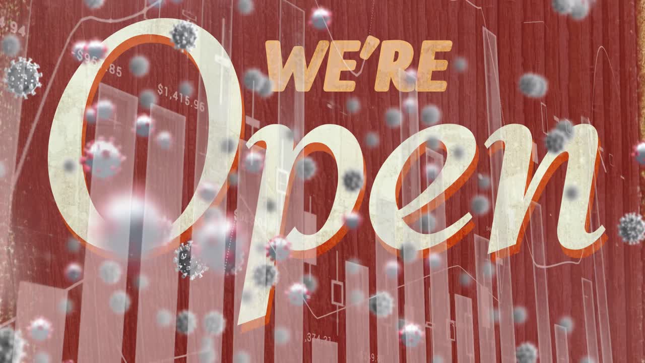 暗い背景の上に浮かぶマクロcovid-19細胞と図面の上に開いているテキストのアニメーション