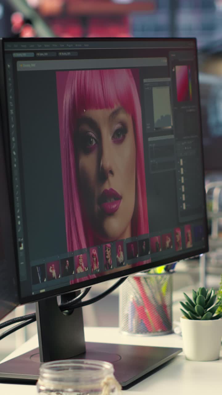 Vertical Video Inspiring creative workspace with professional editing software and AI chat bot