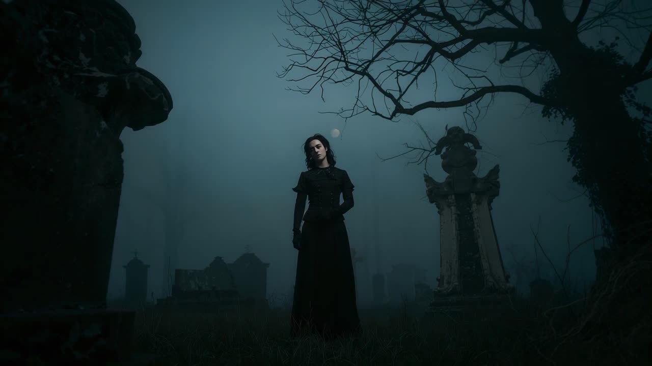 Opening shot showing solitary woman standing motionless in misty cemetery, with moonlit tombstones
