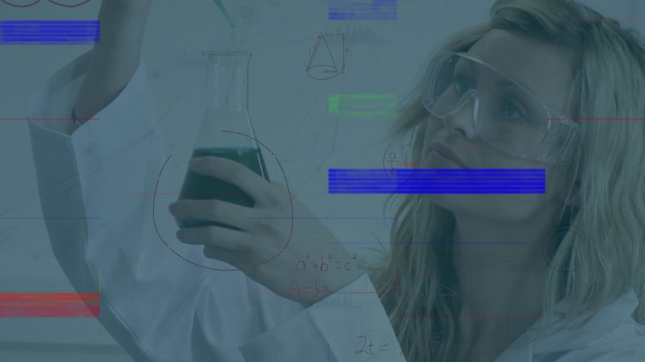 animación de datos científicos y cerebros humanos sobre una científica caucásica en el laboratorio