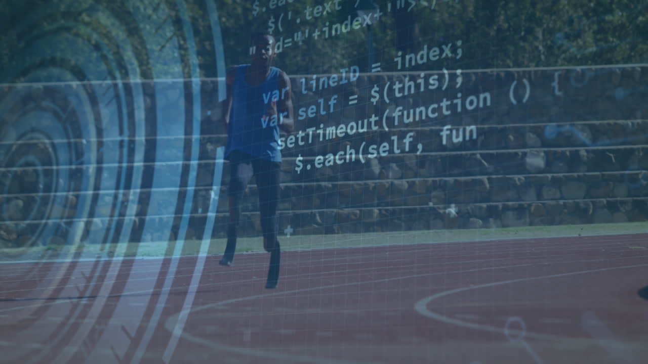 animación del procesamiento de datos digitales sobre un atleta masculino discapacitado con cuchillas de correr en la pista de carreras