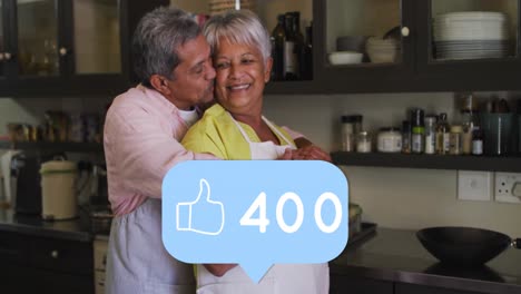 animation of thumbs up like icon with numbers growing over senior couple embracing at home