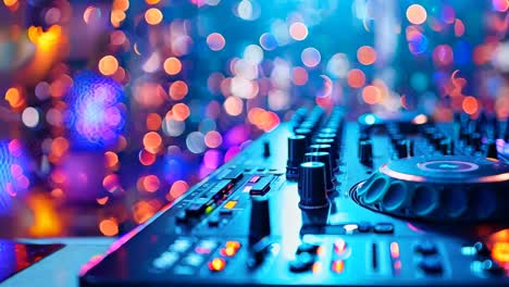 a close up of a dj mixer in front of a colorful background