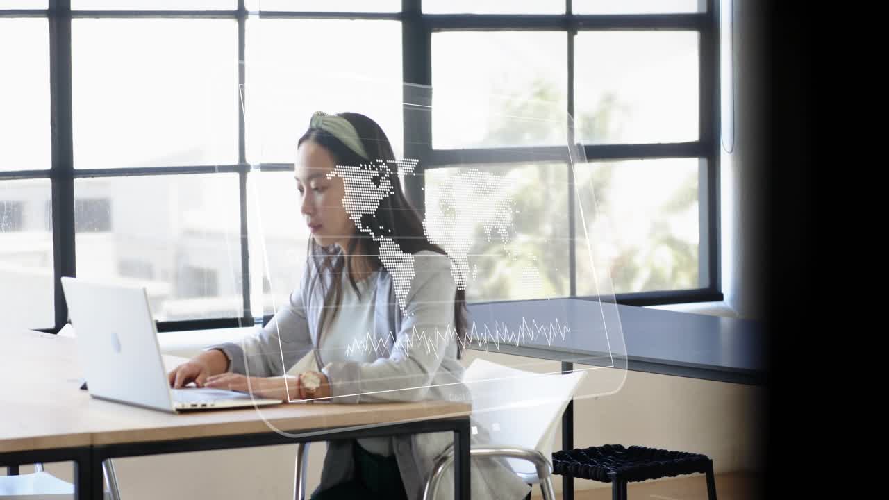 Woman typing laptop, holo UI sliding in over desk showing cost estimates map+waveform for business