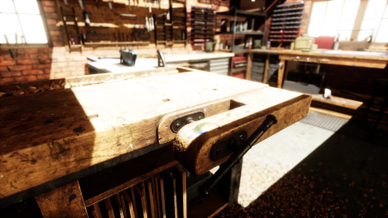 고대 도구와 함께 빈티지 와일드 웨스트 목수 가게 인테리어