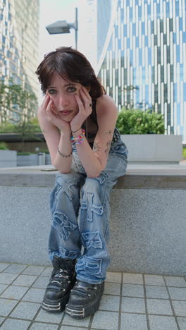 Vertical-Video-Outdoor-Fashion-Portrait-Of-Smiling-Young-Alternative-Style-Woman-With-Tattoos-And-Piercing-Sitting-Outside-Modern-Buildings-At-Canary-Wharf-London-Shot-In-Real-Time-1