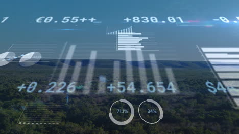 animation of charts and financial data processing over landscape