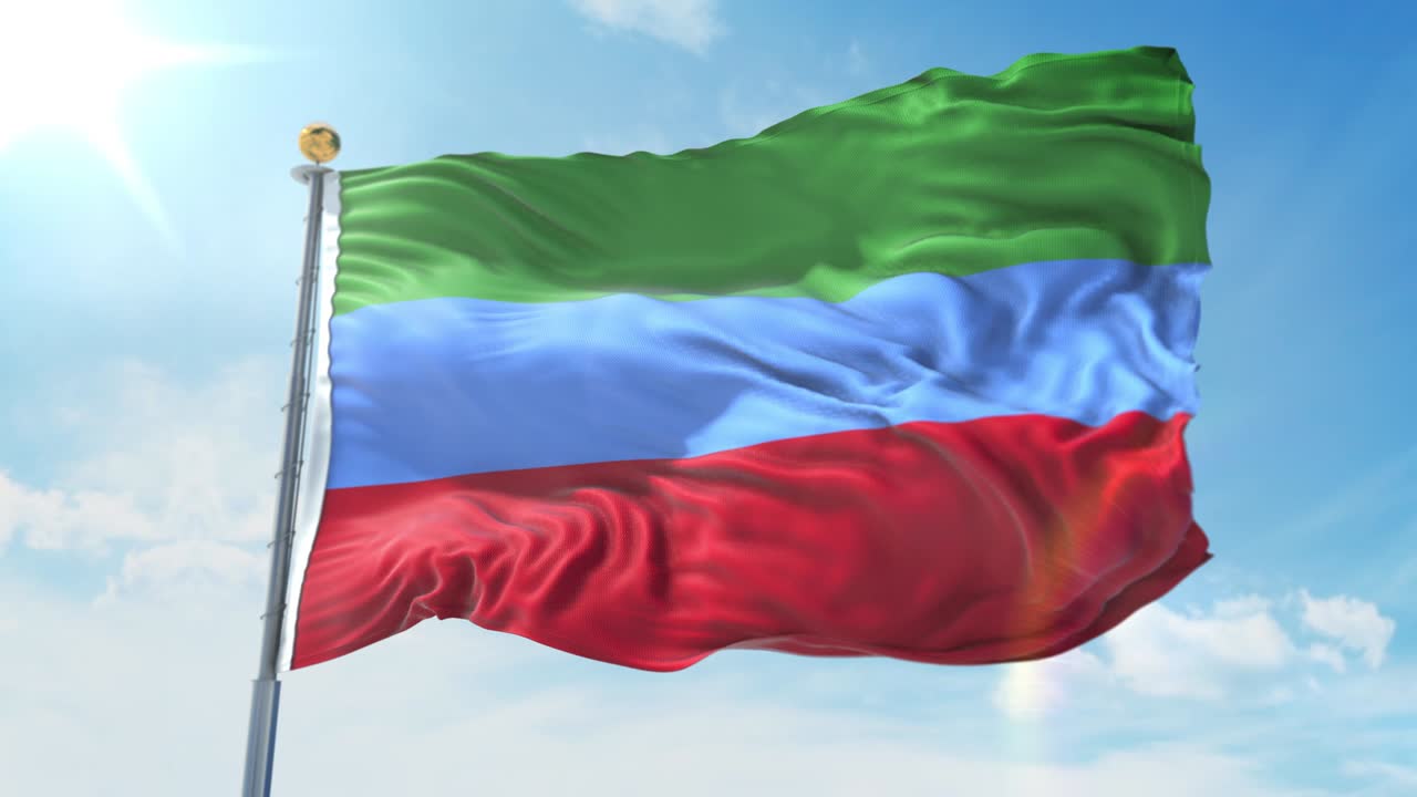 дагестанский флаг, размахивающийся на ветру на фоне глубокого голубого неба. национальная тема, международная концепция. 3d render seamless loop 4k